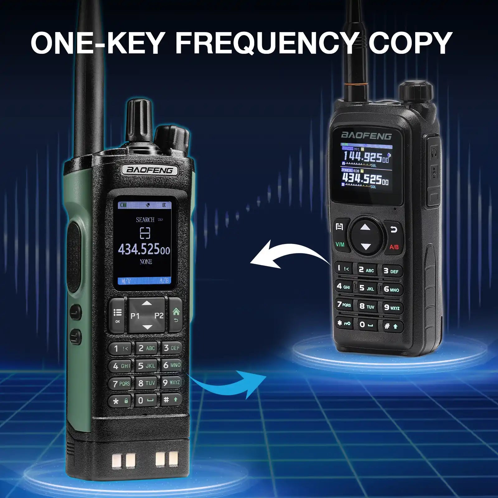 Two walkie-talkies with digital displays on a blue grid background, highlighting the 'One-Key Frequency Copy' feature.