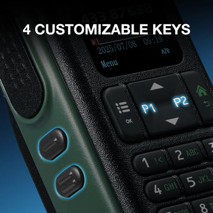 Close-up of a device with customizable keys and digital display on a blue gradient background.