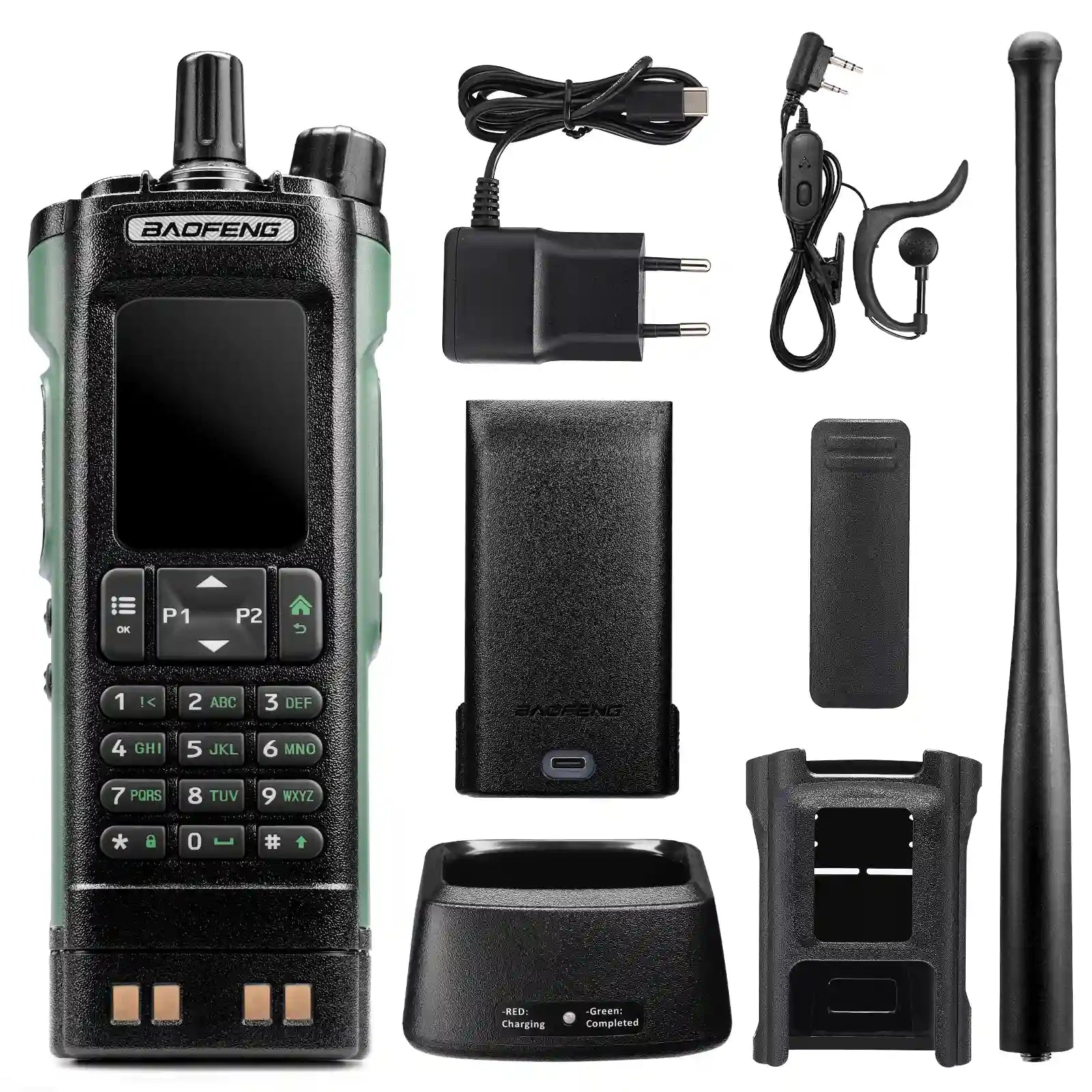 Set of Baofeng UV-32 accessories including battery, charger, and antenna on a white background.