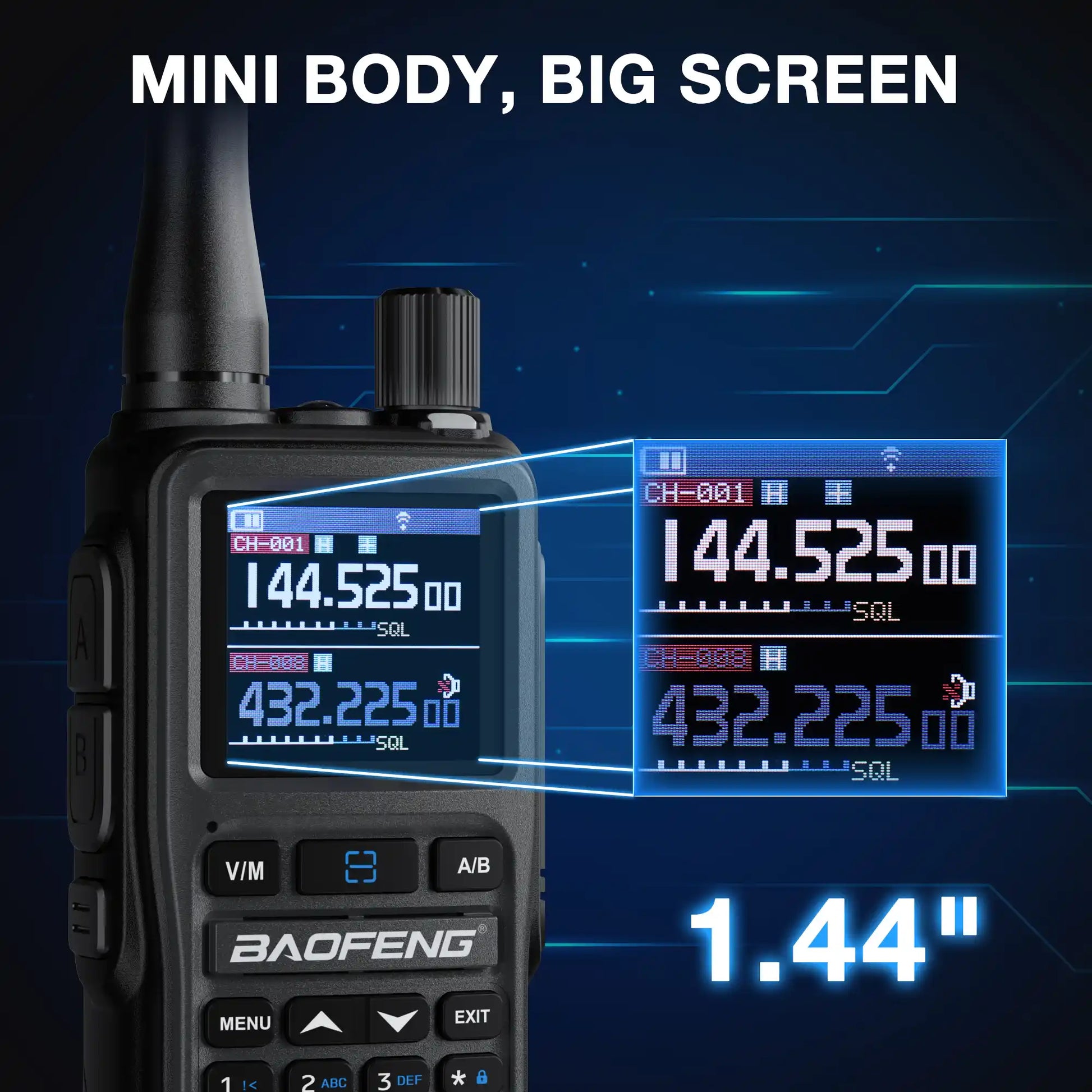 Baofeng walkie talkie with large screen display on a dark blue background