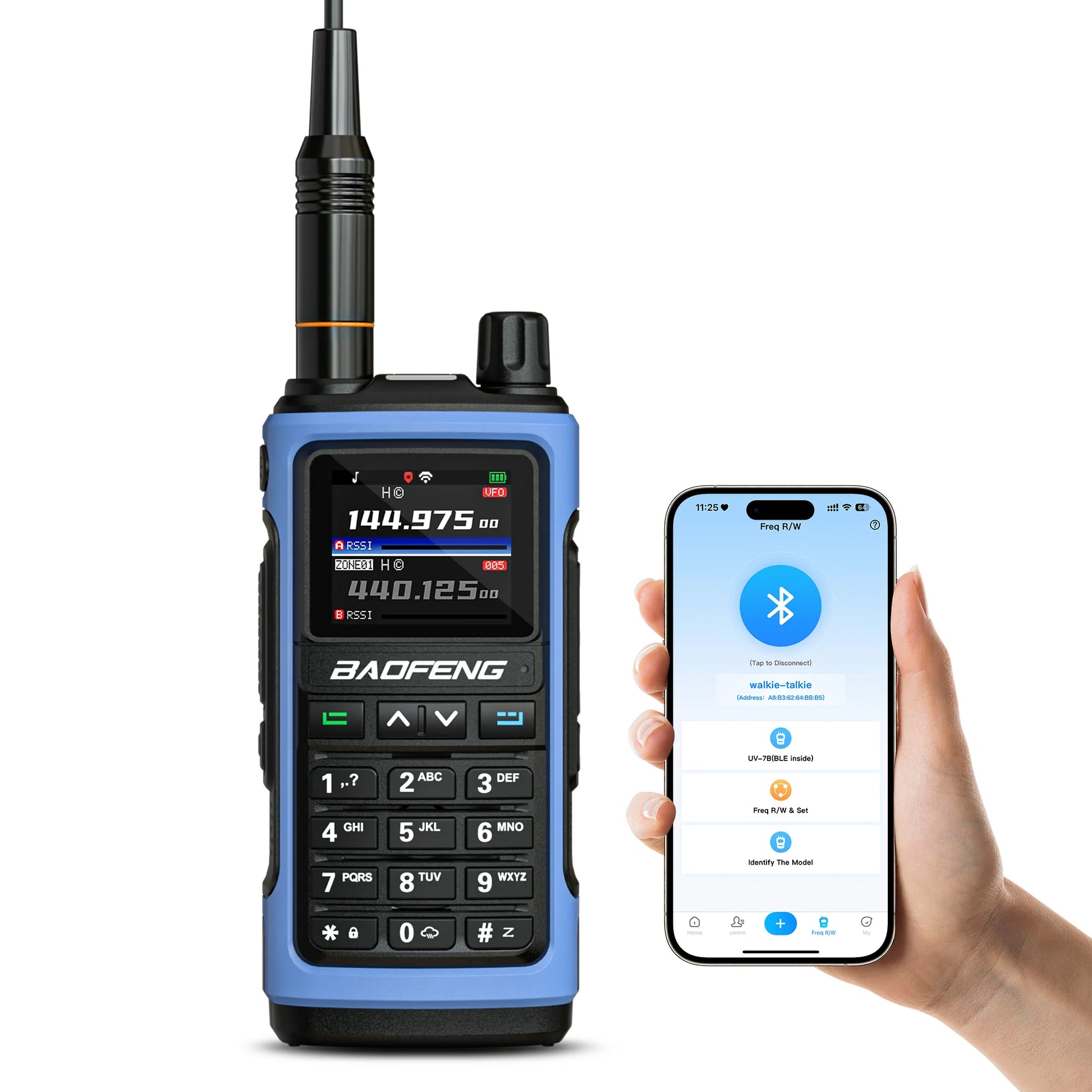 Blue walkie-talkie with digital display and smartphone showing app interface on a white background