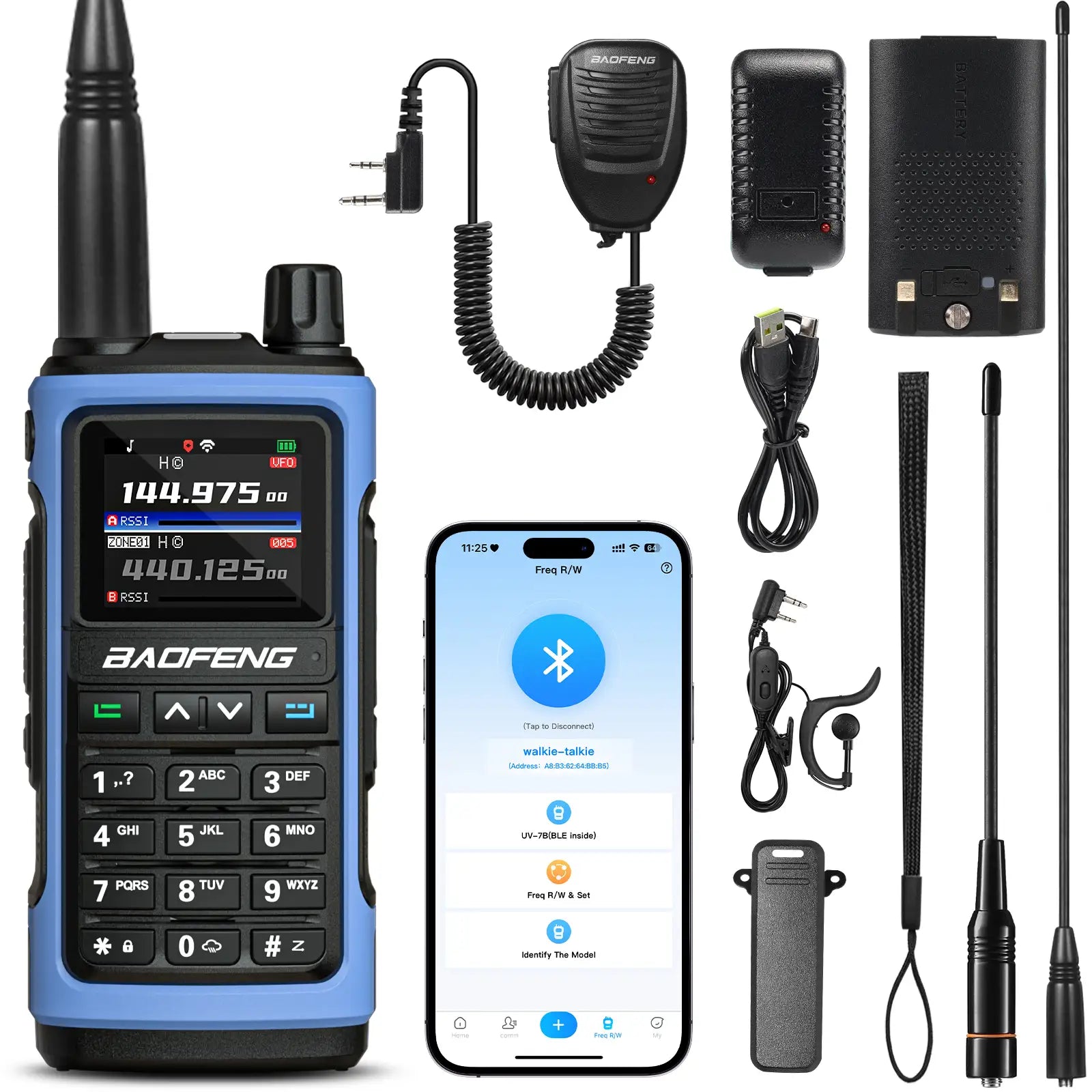 Collection of communication devices including a blue walkie-talkie, smartphone, and accessories on a white background.