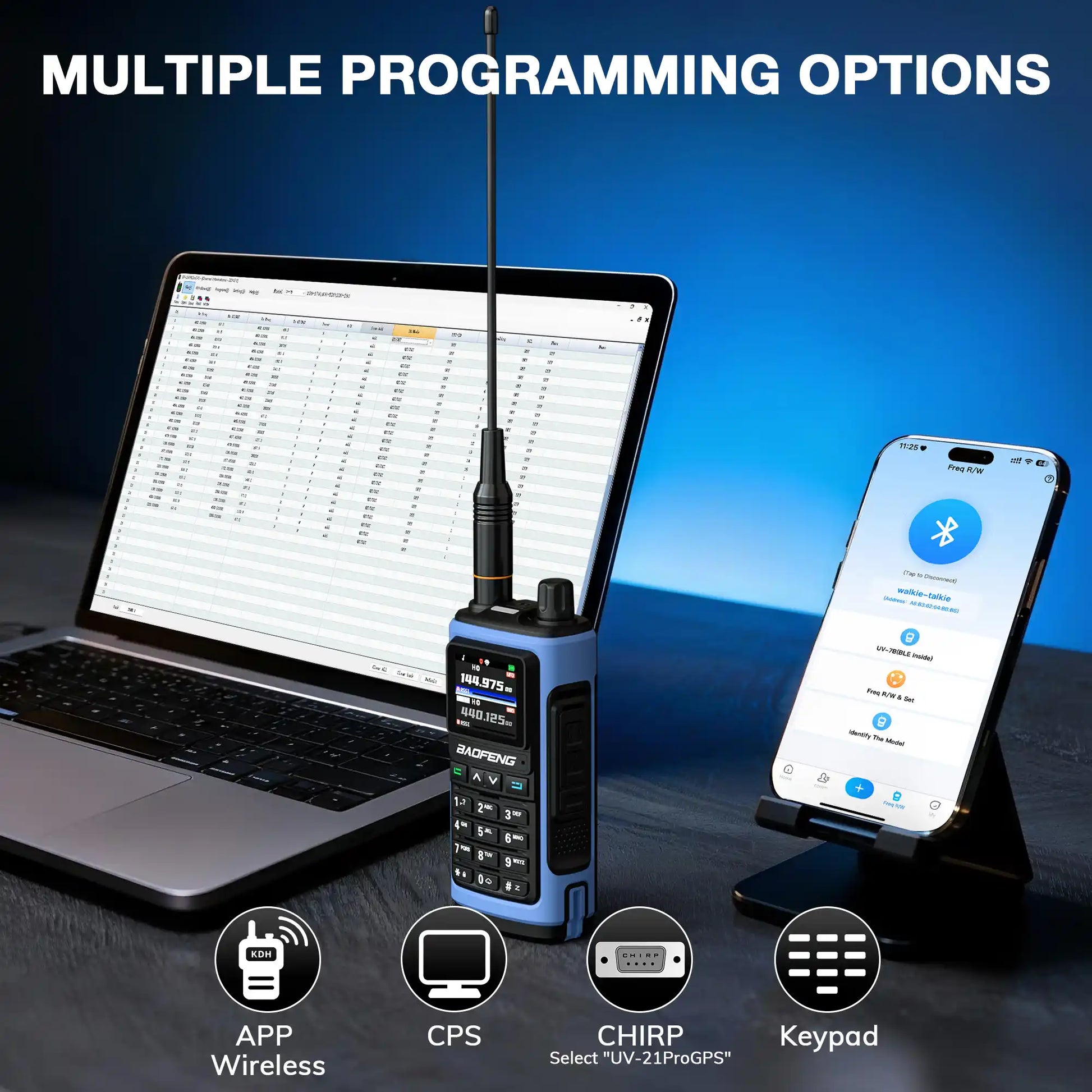 Laptop, walkie-talkie, and smartphone with multiple programming options on a blue background