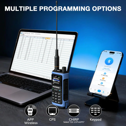 Laptop, walkie-talkie, and smartphone with multiple programming options on a blue background