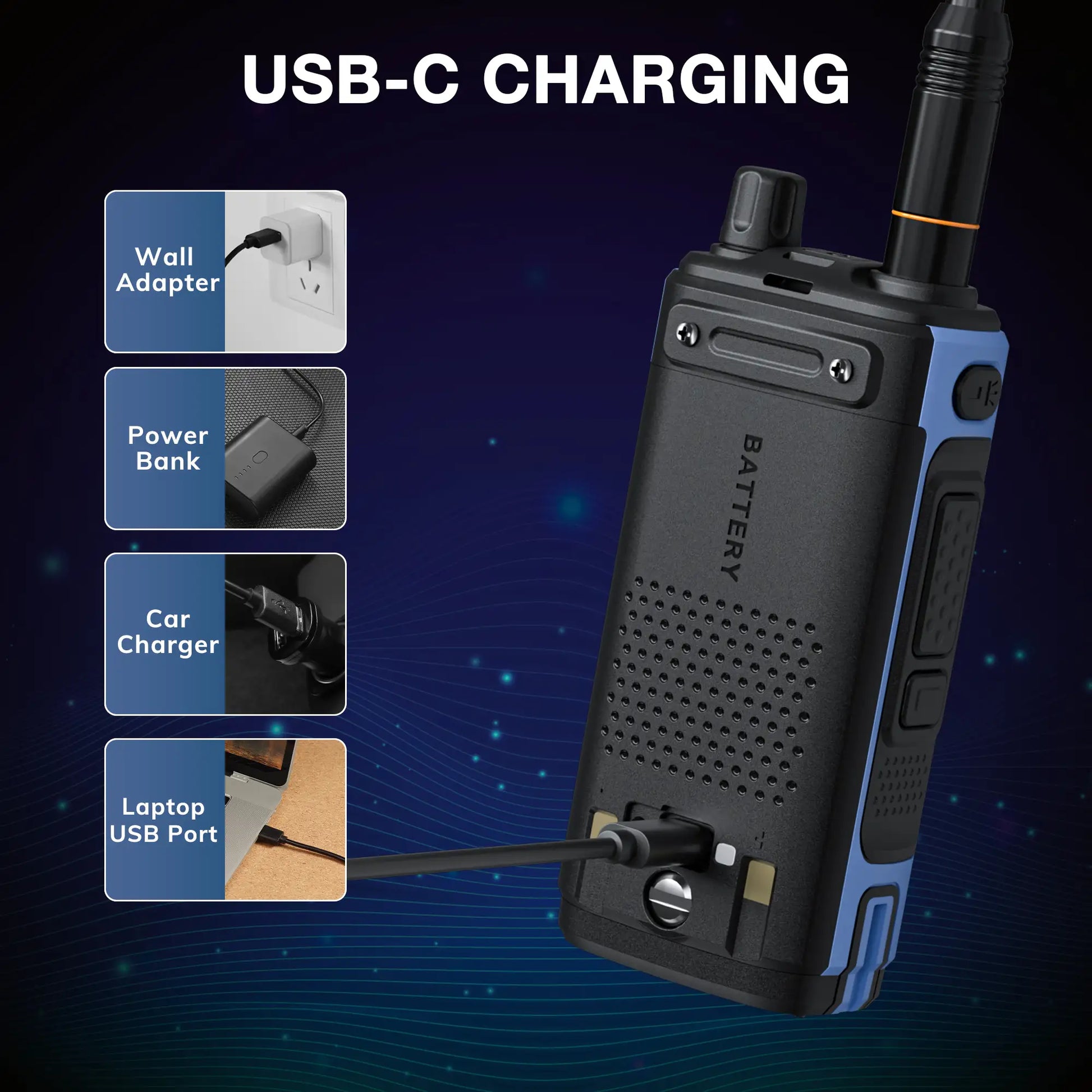 Walkie talkie with USB-C charging options on a dark blue background