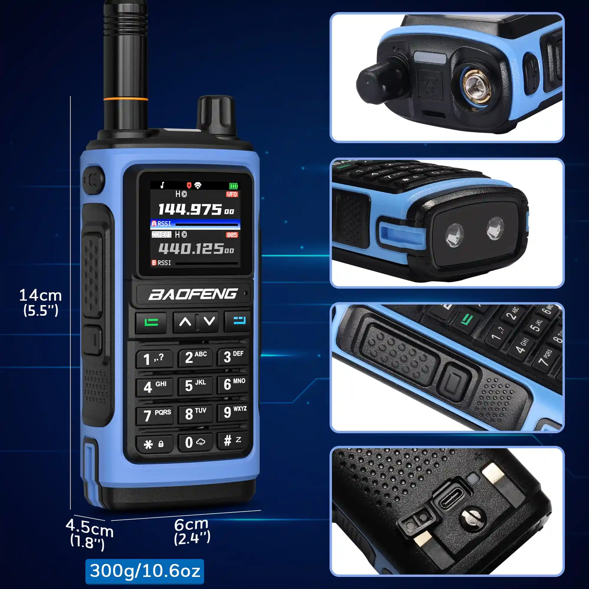 Blue walkie-talkie with detailed specifications on a blue background
