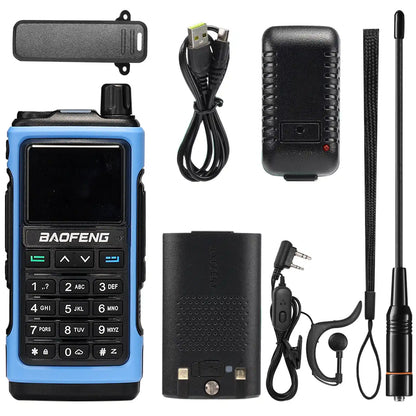 Baofeng walkie talkie set with accessories on a white background