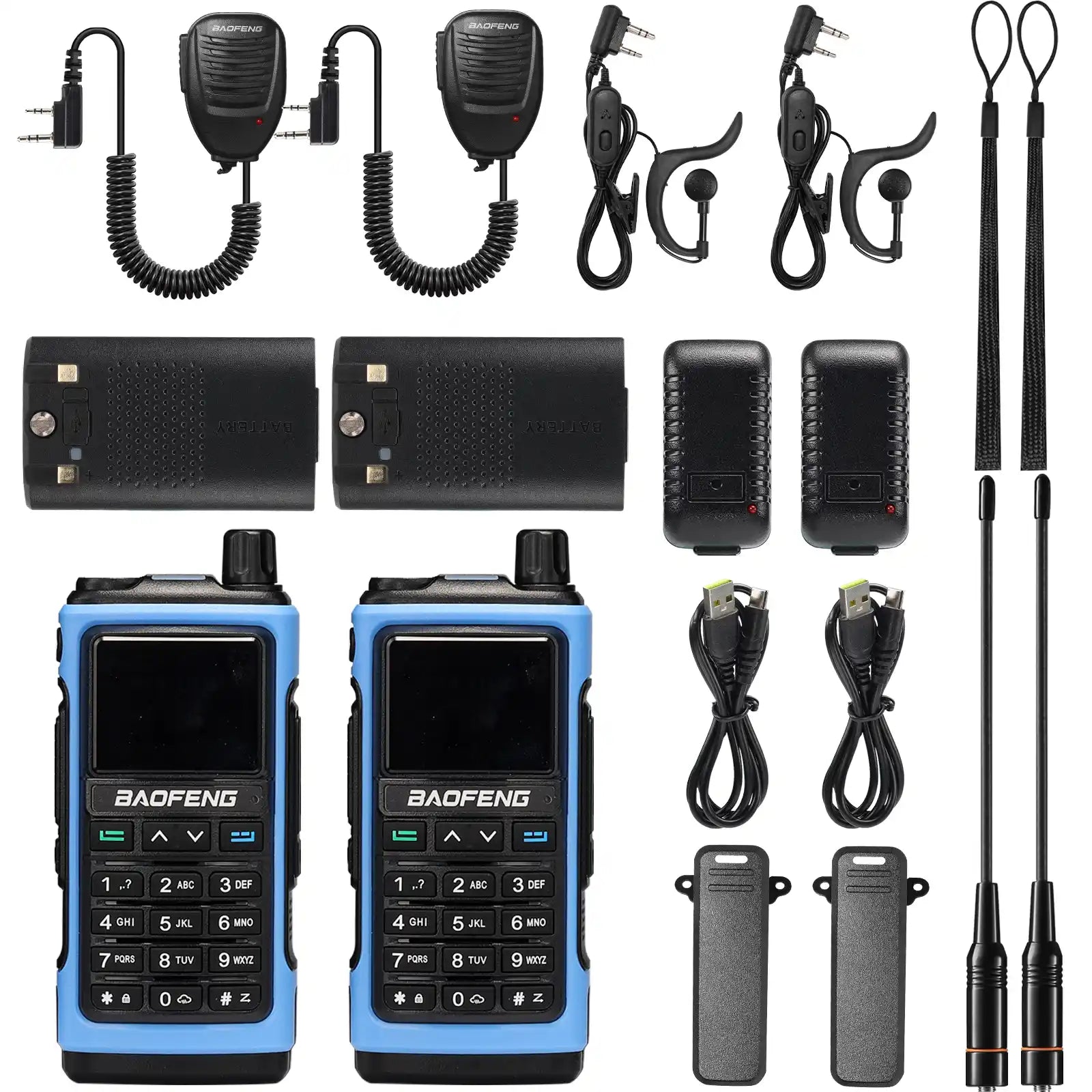 Set of Baofeng walkie-talkies with accessories on a white background