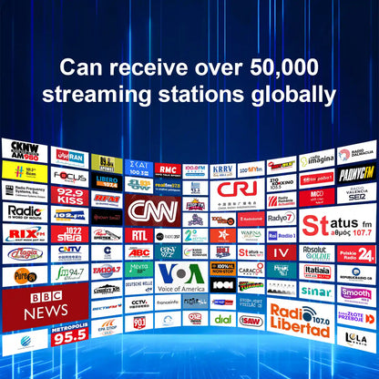 Collage of various streaming station logos with text on a blue background