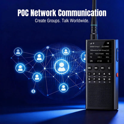 POC network communication device with digital display and keypad on a dark blue background.