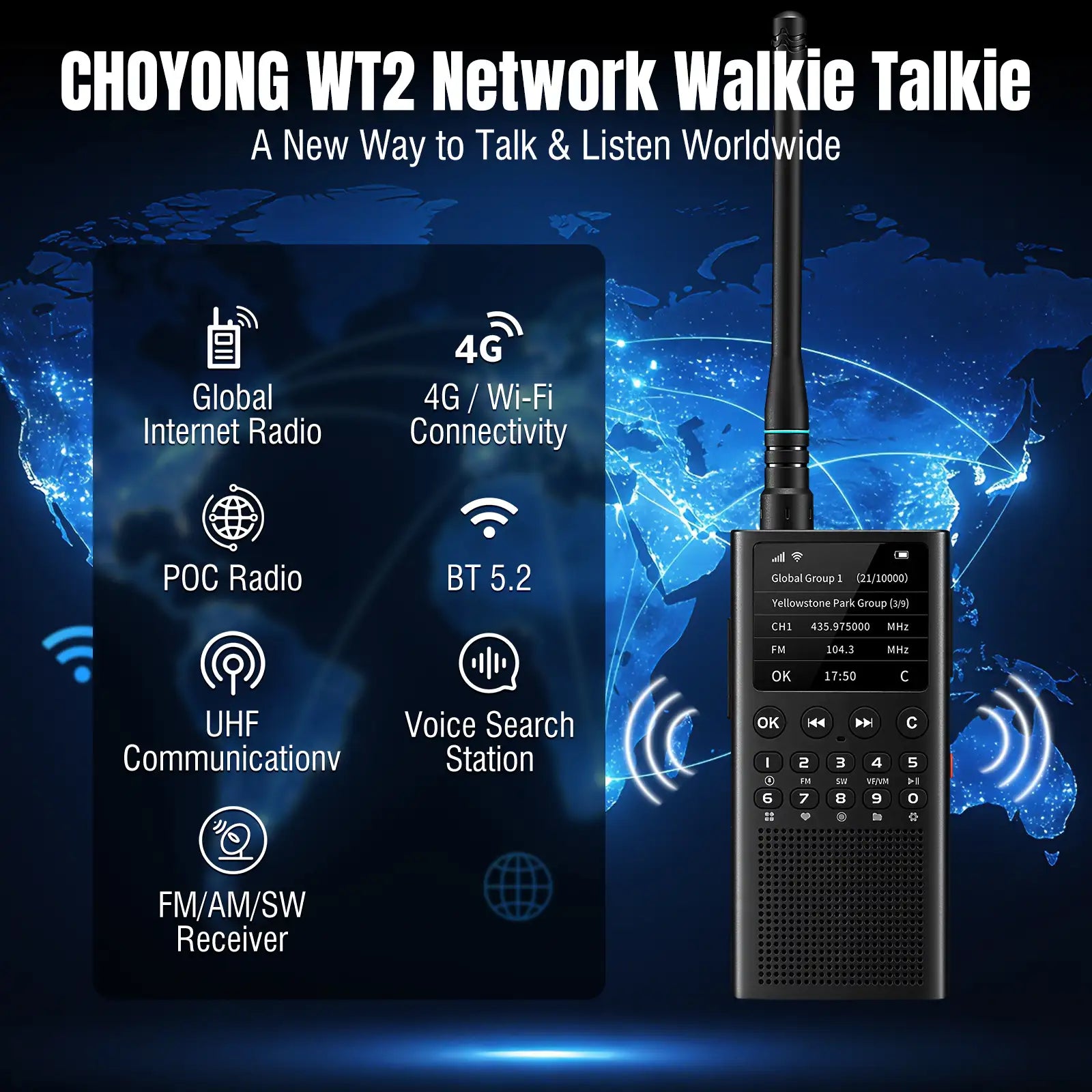 CHOYONG WT2 Network Walkie Talkie with features highlighted on a world map background