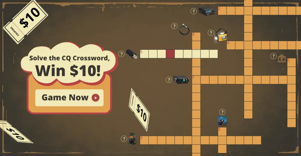 Crossword puzzle game with dollar bill graphics and 'Solve the CQ Crossword, Win $10!' text on a brown background.