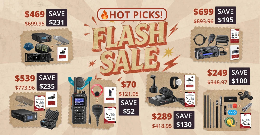 A promotional sale graphic with the large text 'HOT PICKS! FLASH SALE' on a tan background, surrounded by multiple electronics and accessories with prices, savings, and small product photos.
