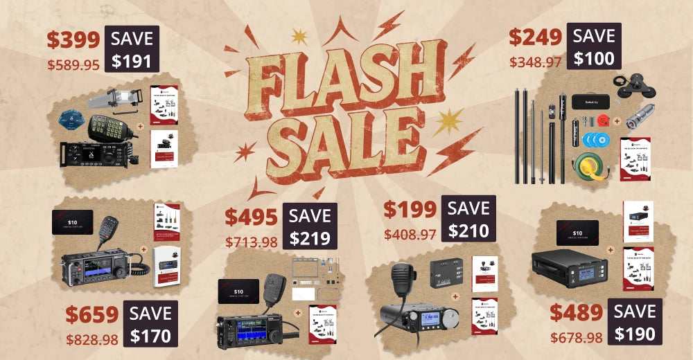 A promotional sale graphic with the large text 'FLASH SALE' in the center and several electronic products shown with discounted prices and savings amounts. The products include audio/communication devices and accessories arranged on a tan textured background with sunburst graphics.