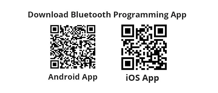 Two QR codes for Bluetooth programming app download, one labeled 'Android App' and the other 'iOS App'.
