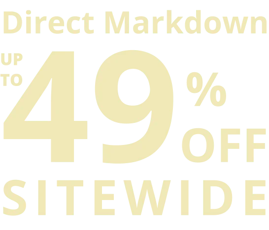Promotional text indicating up to 49% off sitewide in gold on a white background