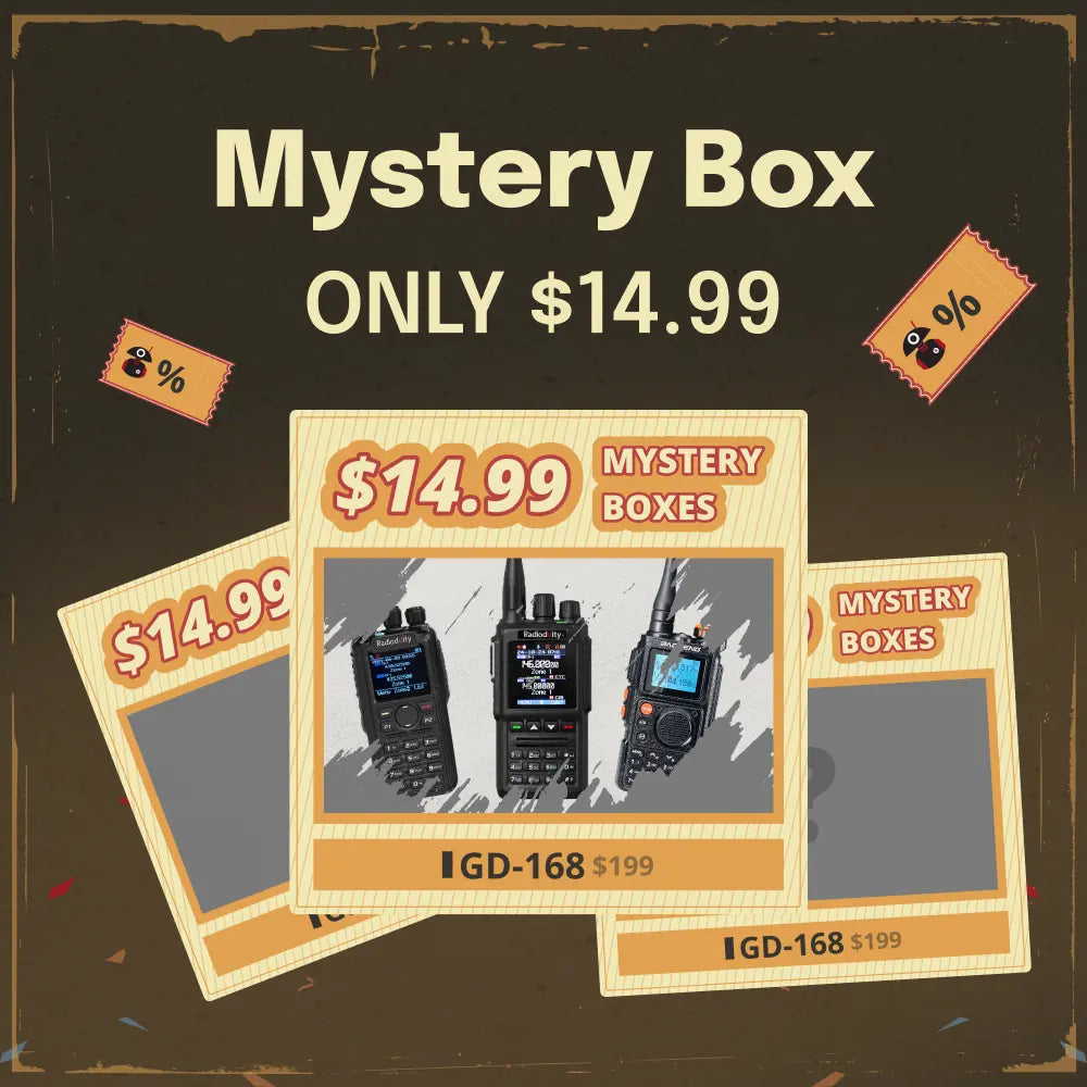 Advertisement for a mystery box containing walkie-talkies with a price of $14.99 on a dark background.