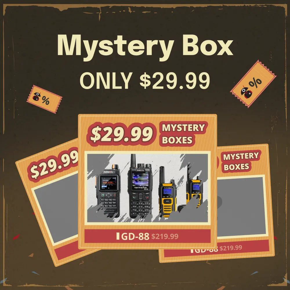 Advertisement for mystery boxes with radios inside, priced at $29.99.