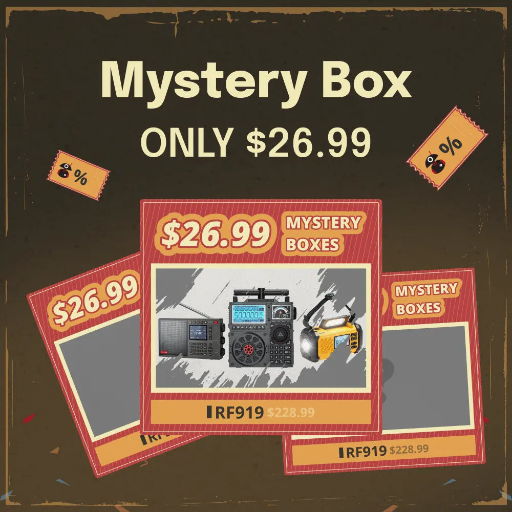 Advertisement for mystery boxes with a price tag of $26.99 on a dark background.