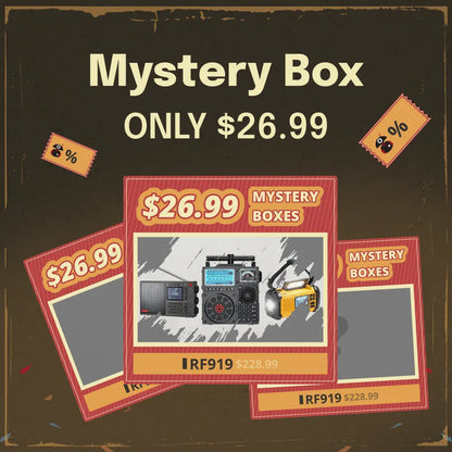 Advertisement for mystery boxes with a price tag of $26.99 on a dark background.