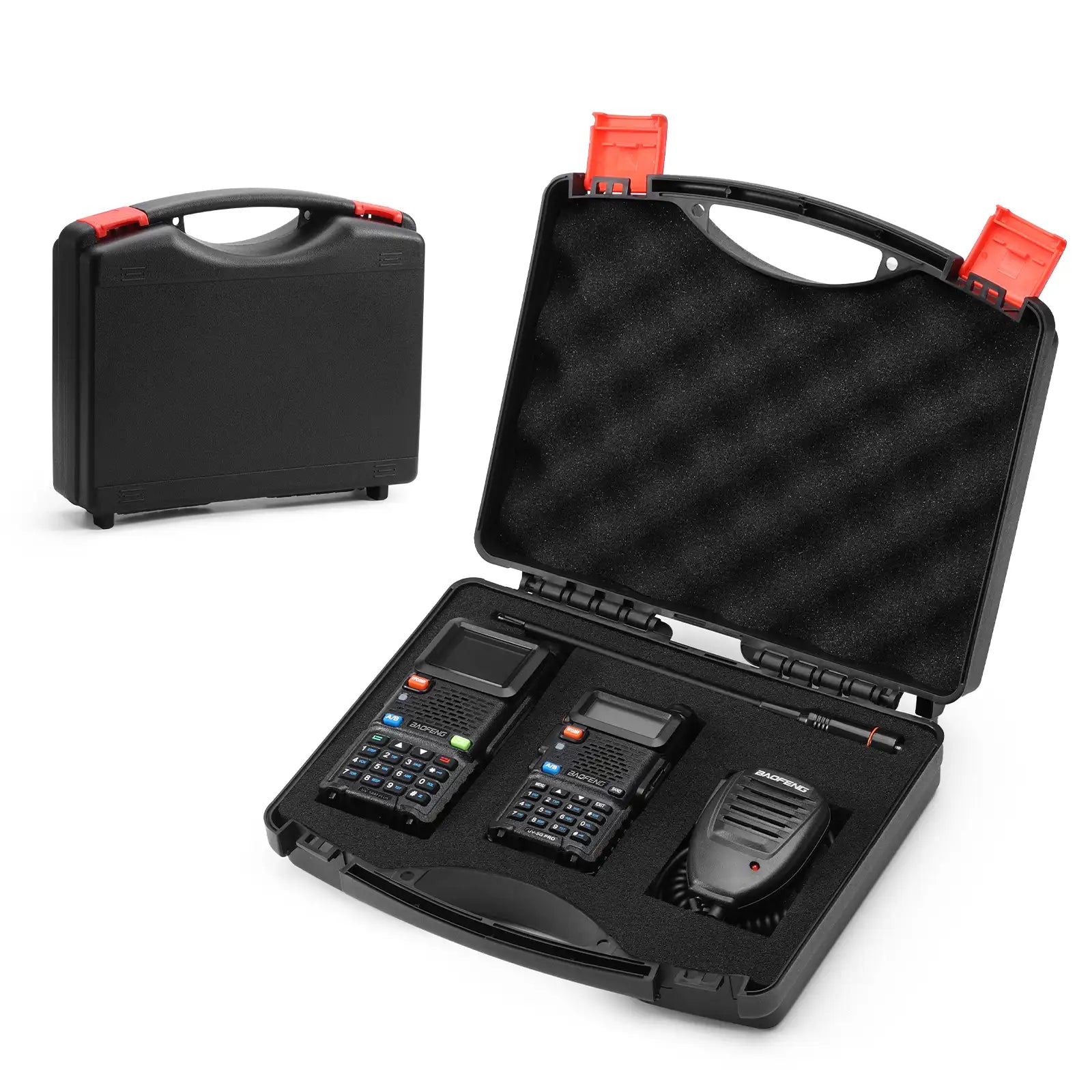 Black carrying case with electronic devices inside on a white background