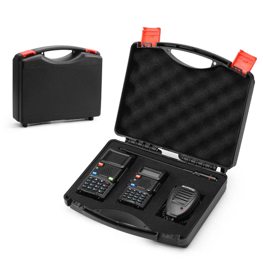 Black carrying case with electronic devices inside on a white background