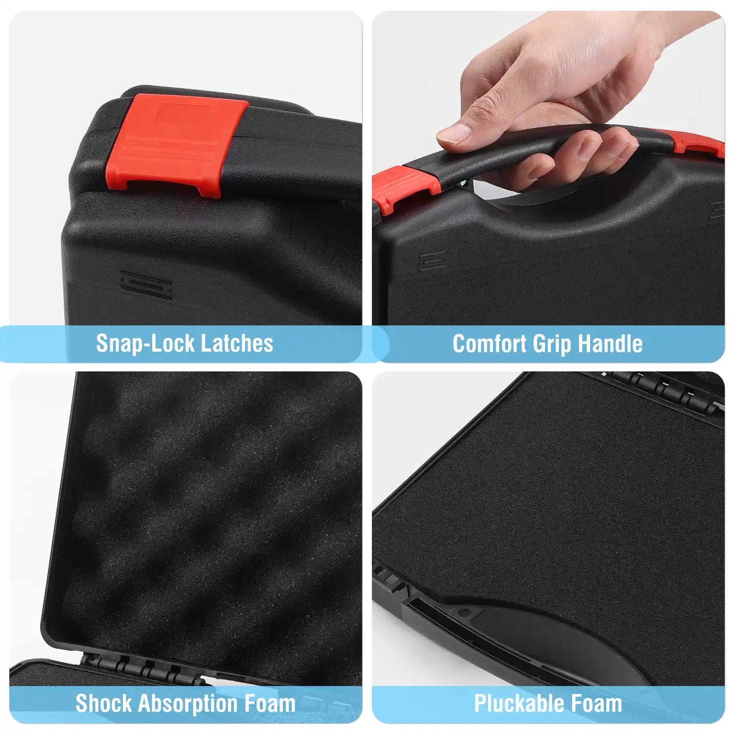 Collage of a black tool case with snap-lock latches, comfort grip handle, shock absorption foam, and pluckable foam.