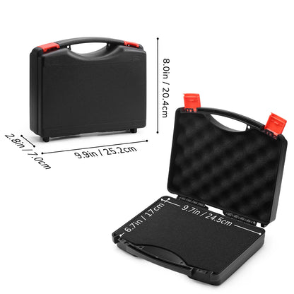 Black hard-shell carrying case with dimensions indicated on a white background