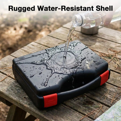 Black and red rugged water-resistant shell being tested with water being poured onto it on a wooden surface.