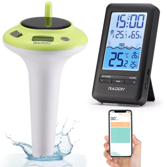 Raddy PT-5 Wi-Fi Pool temperature and humidity monitoring system with a digital display, sensor, and smartphone app.