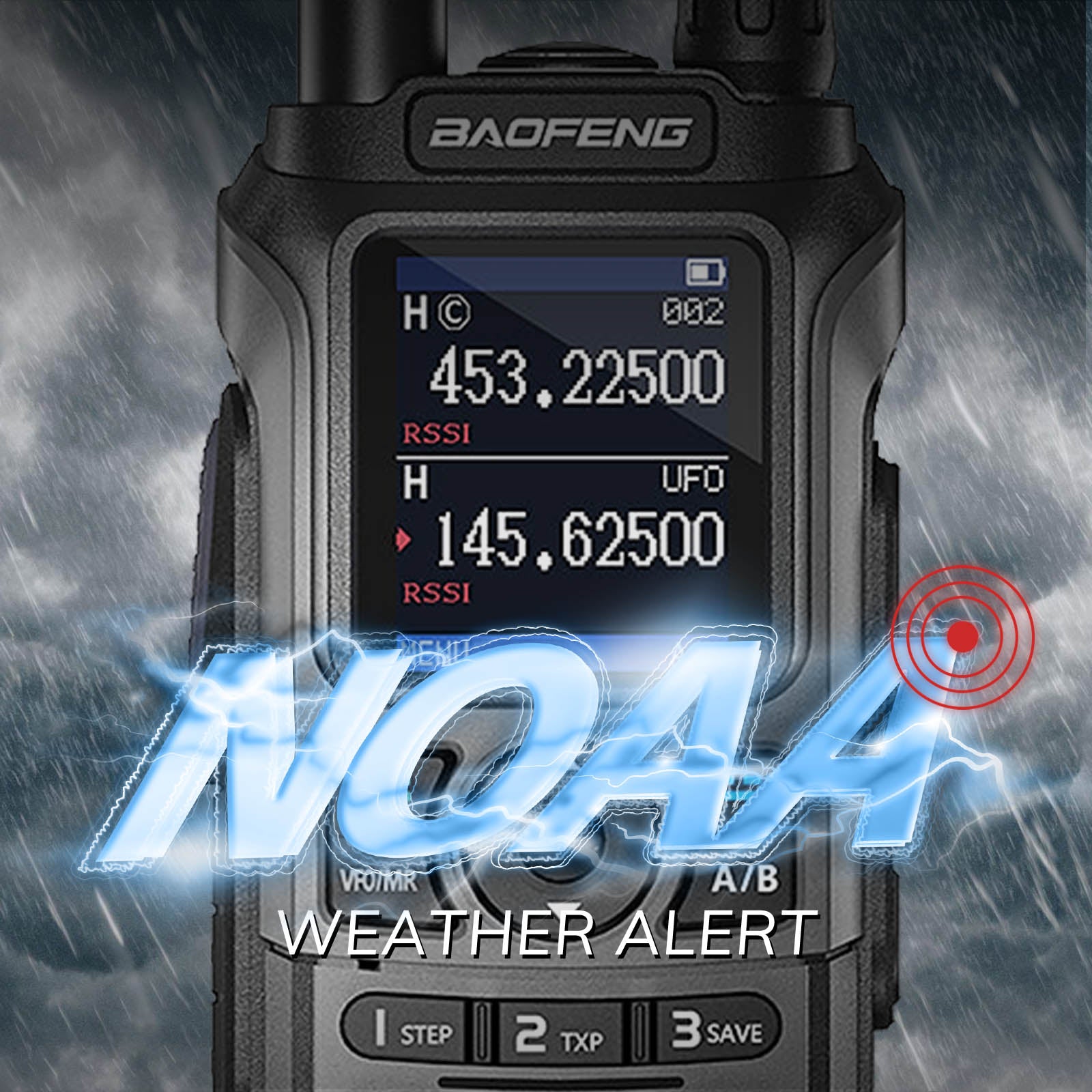Baofeng UV-21R walkie-talkie with weather alert feature on a stormy background