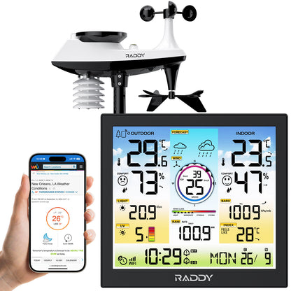 Raddy WF-120C Professional Weather Station  with digital display, smartphone app, and outdoor sensor on a white background
