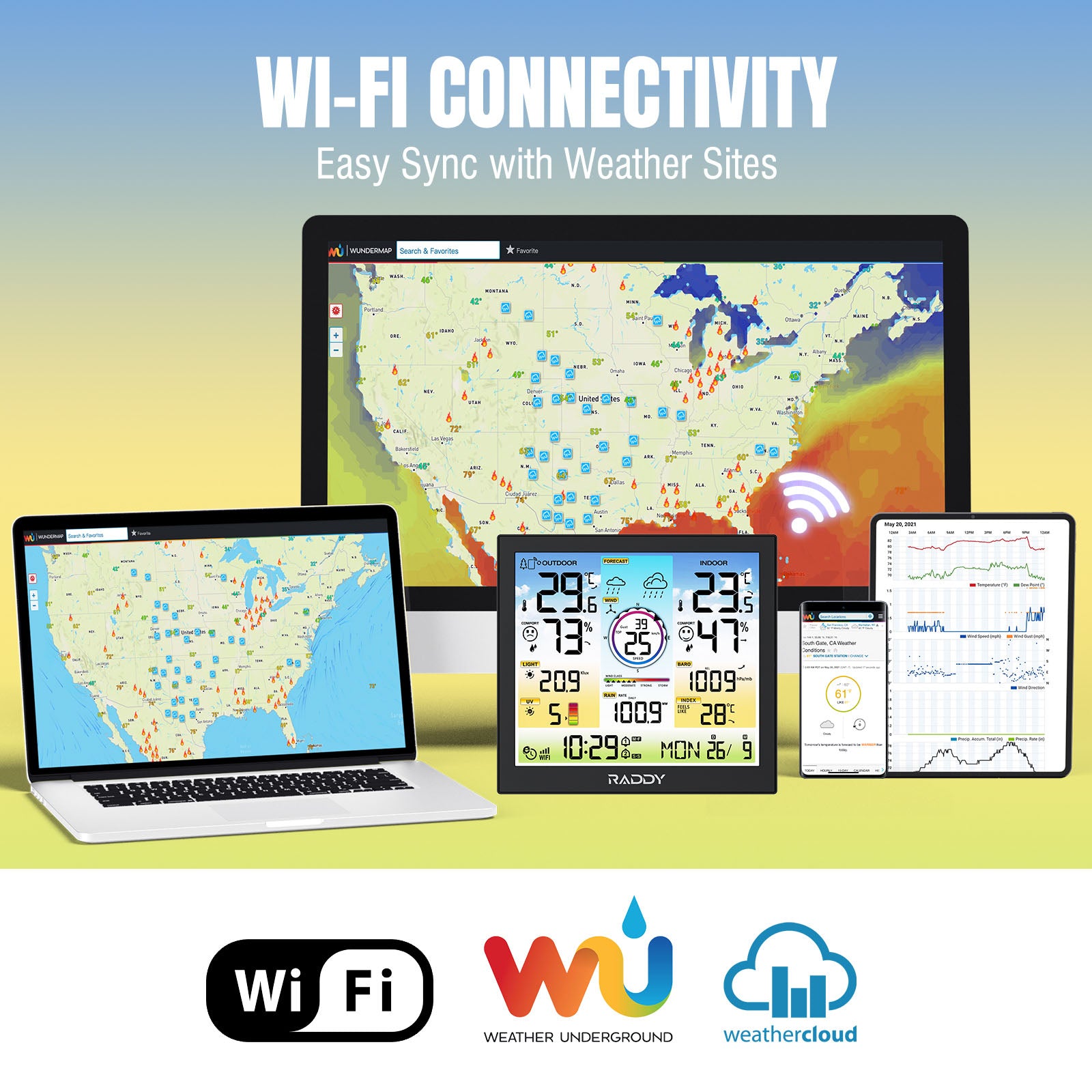 WF-120C Professional Weather Station with Wi-Fi connectivity on a colorful background