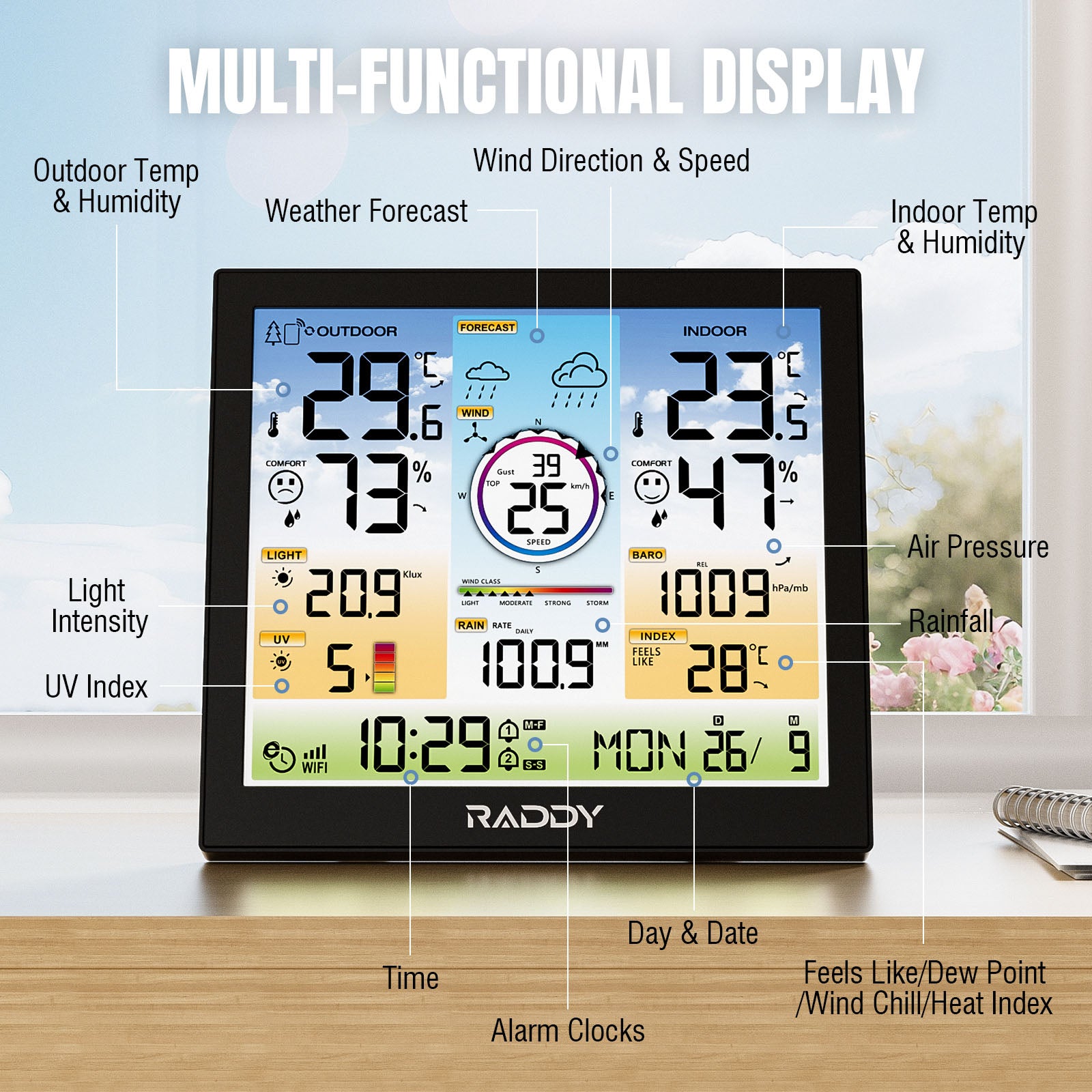 Multifunctional digital WF-120C Professional Weather Station display with various readings on a wooden surface.
