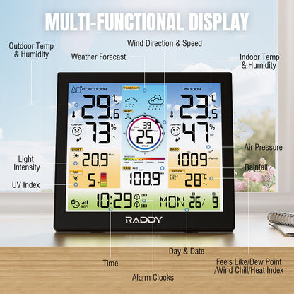 Multifunctional digital WF-120C Professional Weather Station display with various readings on a wooden surface.