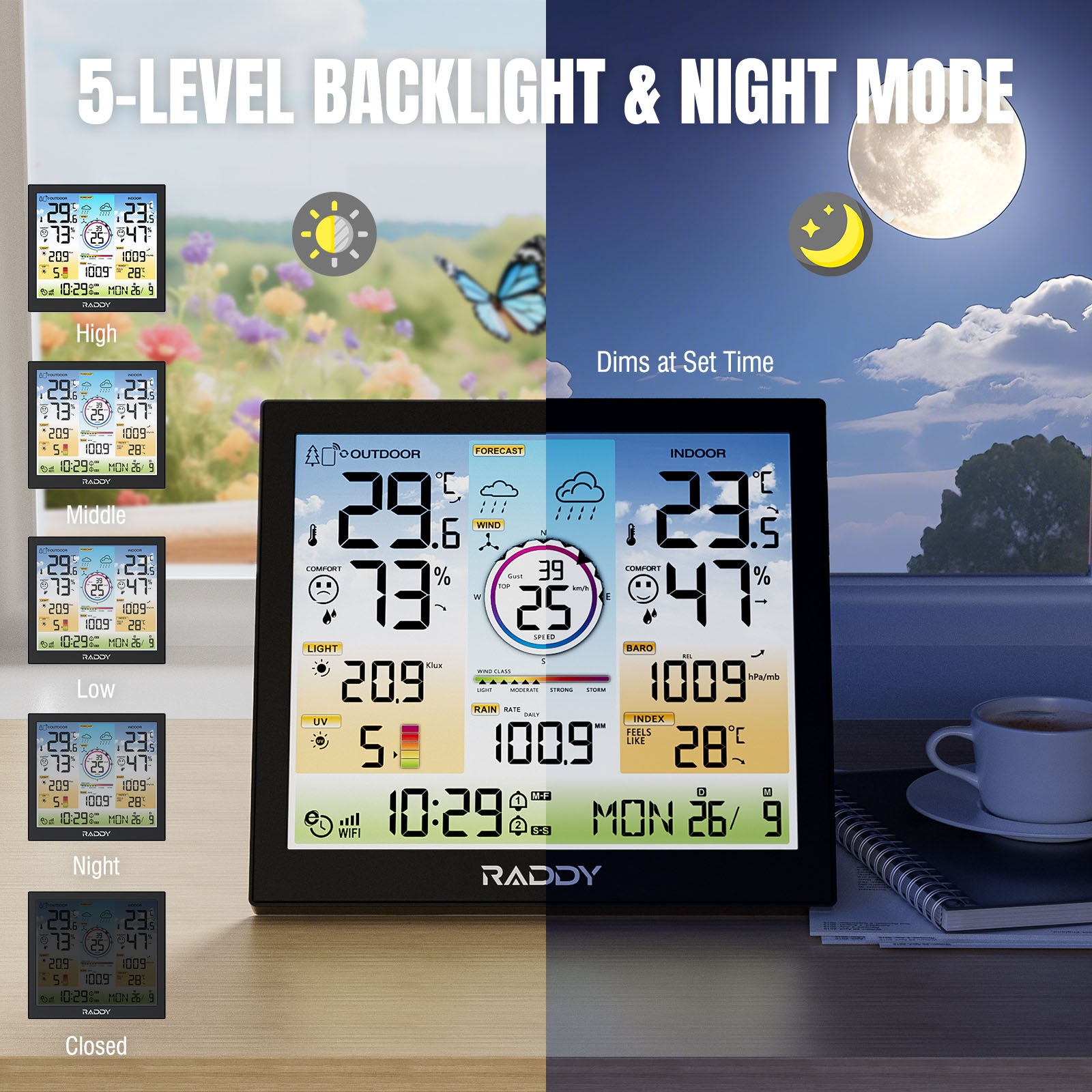 Raddy WF-120C Professional Weather Station with digital display showing temperature, humidity, and other weather conditions.