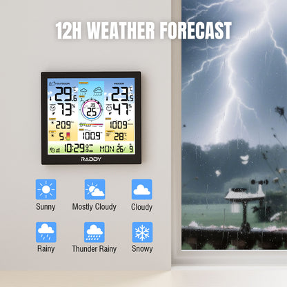 WF-120C Professional Weather Station with digital display and weather icons next to a stormy scene with lightning.