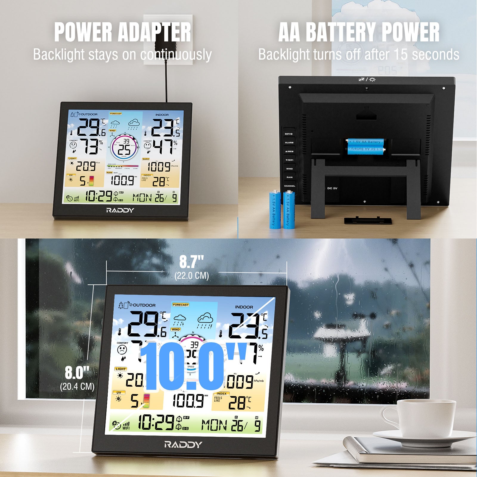 Collage of a WF-120C Professional Weather Station with power adapter and battery options on a desk.