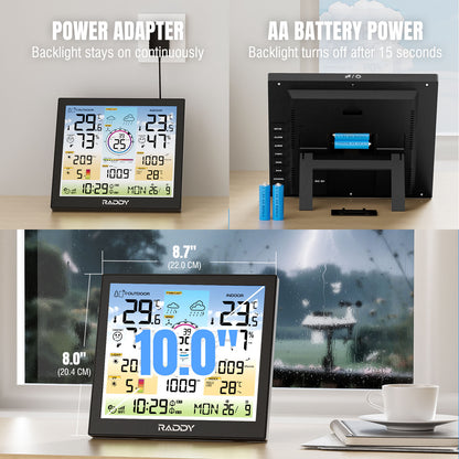 Collage of a WF-120C Professional Weather Station with power adapter and battery options on a desk.