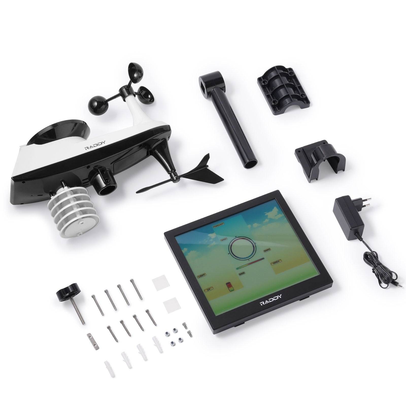 WF-120C Professional Weather Station components including a screen display, sensors, and accessories on a white background.