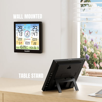 WF-120C Professional Weather Station with display on wall and stand on desk, featuring raddy branding.