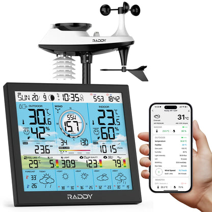 Raddy WF-120P Professional Wi-Fi Weather Station | App Control | 10″ HTN Color Display |  Indoor/Outdoor Temp & Humidity | UV & Light Index | PM2.5 AQI | 5-Day Forecast | 7-in-1 Outdoor Sensor for Farm - Radioddity