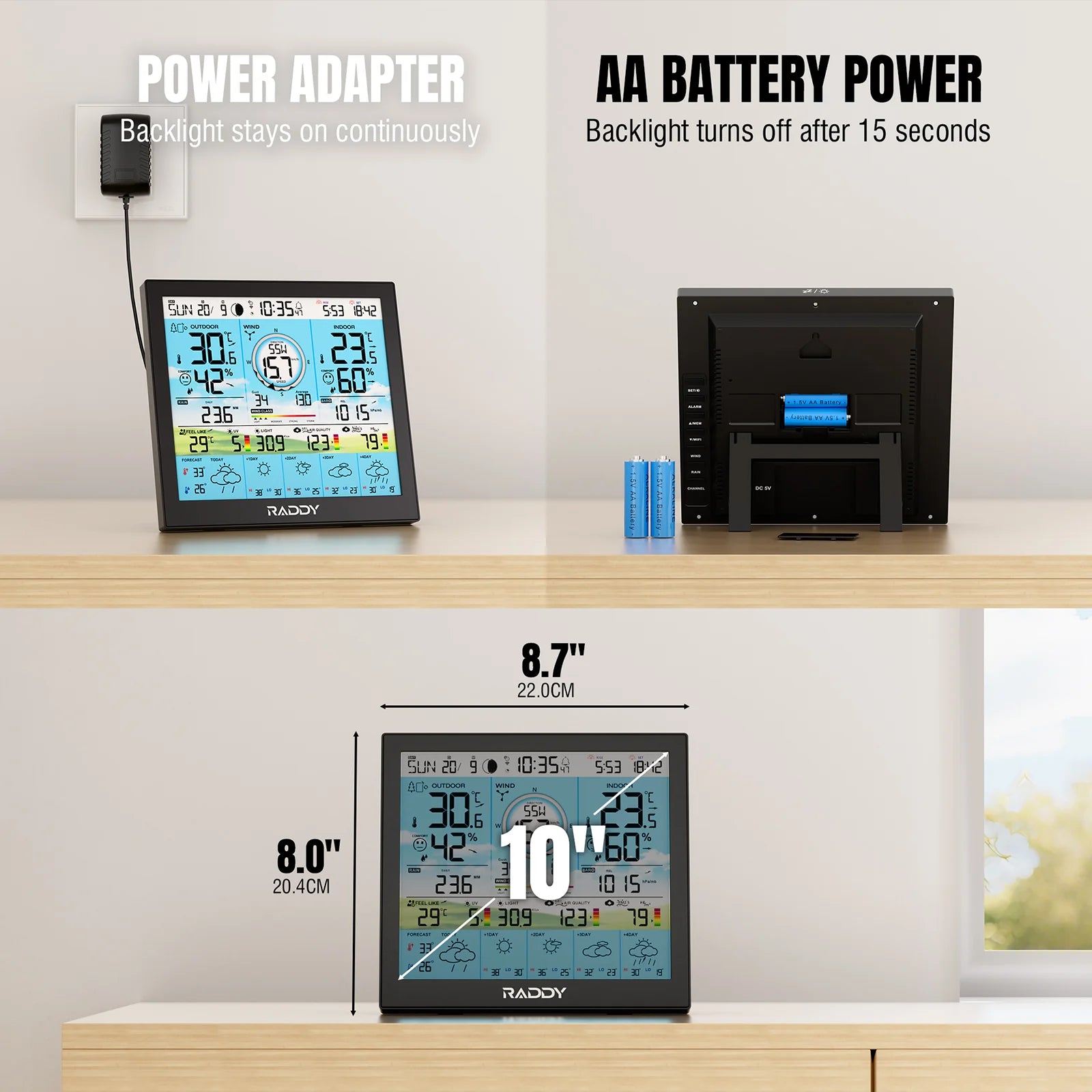 Raddy WF-120P Professional Wi-Fi Weather Station | App Control | 10″ HTN Color Display |  Indoor/Outdoor Temp & Humidity | UV & Light Index | PM2.5 AQI | 5-Day Forecast | 7-in-1 Outdoor Sensor for Farm - Radioddity