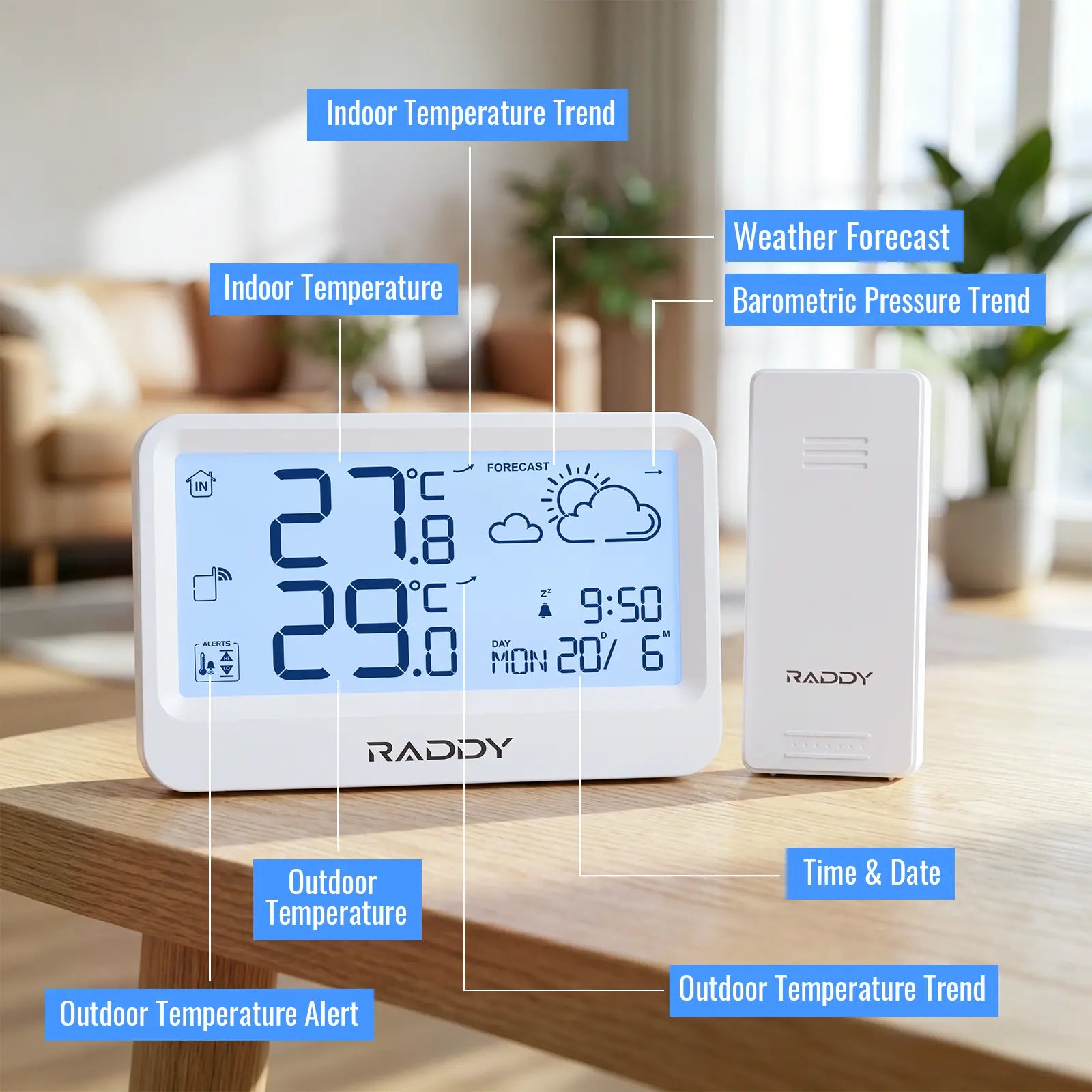 Raddy WF-60 Digital Home Weather Station |   Indoor Outdoor Thermometer | Weather Forecast | Professional Temp | Frost Alarm | Alarm Clock | Battery Operated - Radioddity