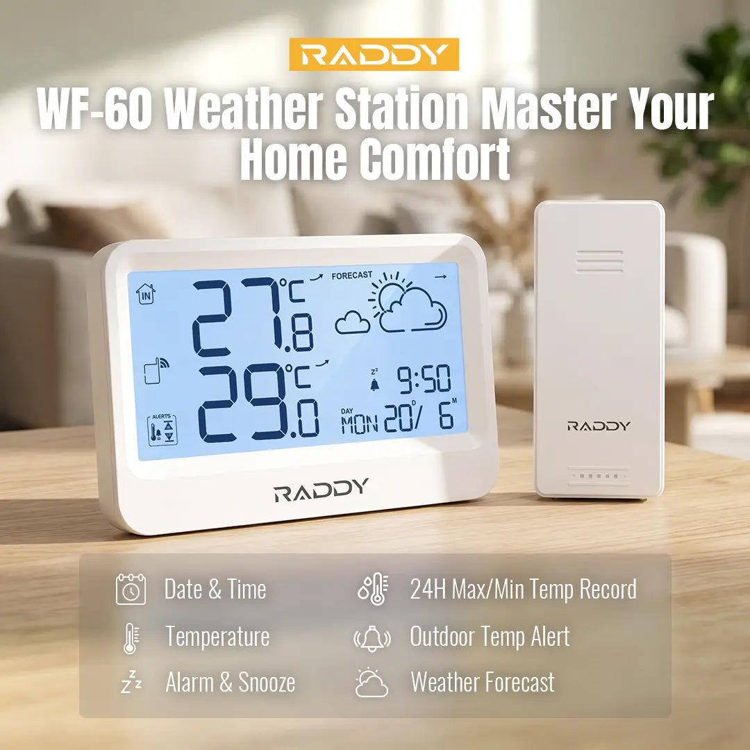 Raddy WF-60 Digital Home Weather Station |   Indoor Outdoor Thermometer | Weather Forecast | Professional Temp | Frost Alarm | Alarm Clock | Battery Operated - Radioddity