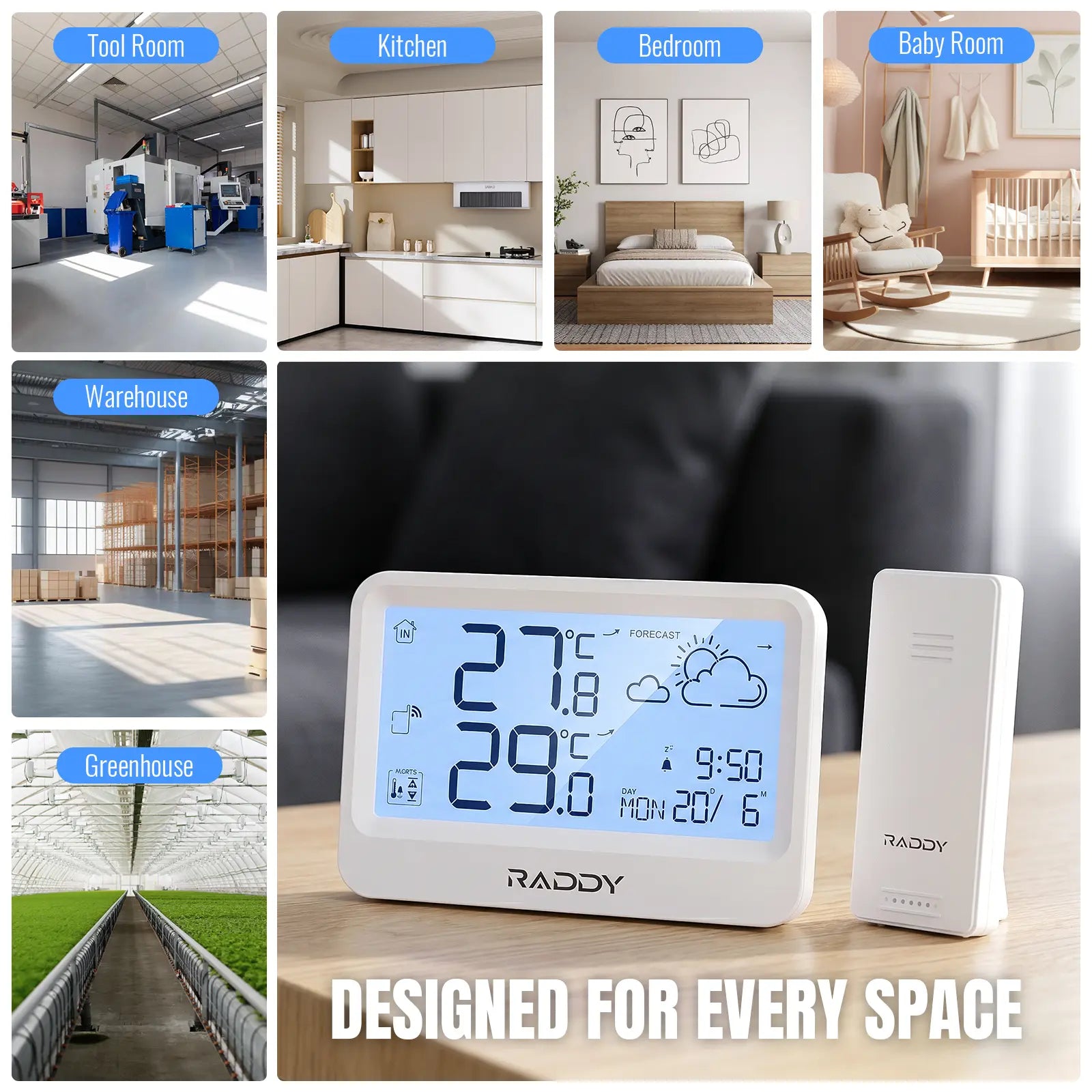 Raddy WF-60 Digital Home Weather Station |   Indoor Outdoor Thermometer | Weather Forecast | Professional Temp | Frost Alarm | Alarm Clock | Battery Operated - Radioddity