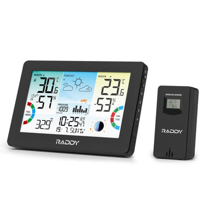 Raddy HW75 Weather Station | 7.5" Large Color Display | Wireless Indoor Outdoor | Temp & Humidity Monitor | Barometric Pressure | Atomic Clock | Heat Index & Dew Point