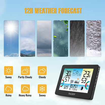 Raddy HW75 Weather Station | 7.5" Large Color Display | Wireless Indoor Outdoor | Temp & Humidity Monitor | Barometric Pressure | Atomic Clock | Heat Index & Dew Point