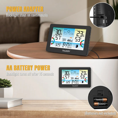 Raddy HW75 Weather Station | 7.5" Large Color Display | Wireless Indoor Outdoor | Temp & Humidity Monitor | Barometric Pressure | Atomic Clock | Heat Index & Dew Point
