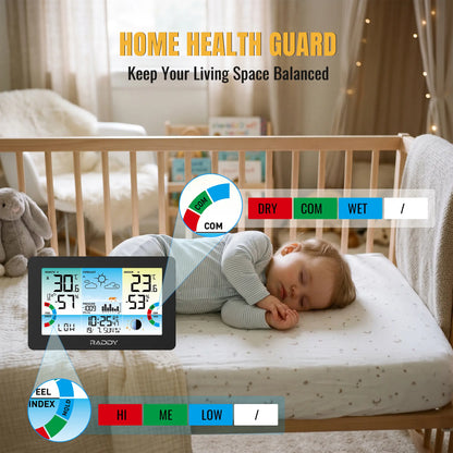 Raddy HW75 Weather Station | 7.5" Large Color Display | Wireless Indoor Outdoor | Temp & Humidity Monitor | Barometric Pressure | Atomic Clock | Heat Index & Dew Point